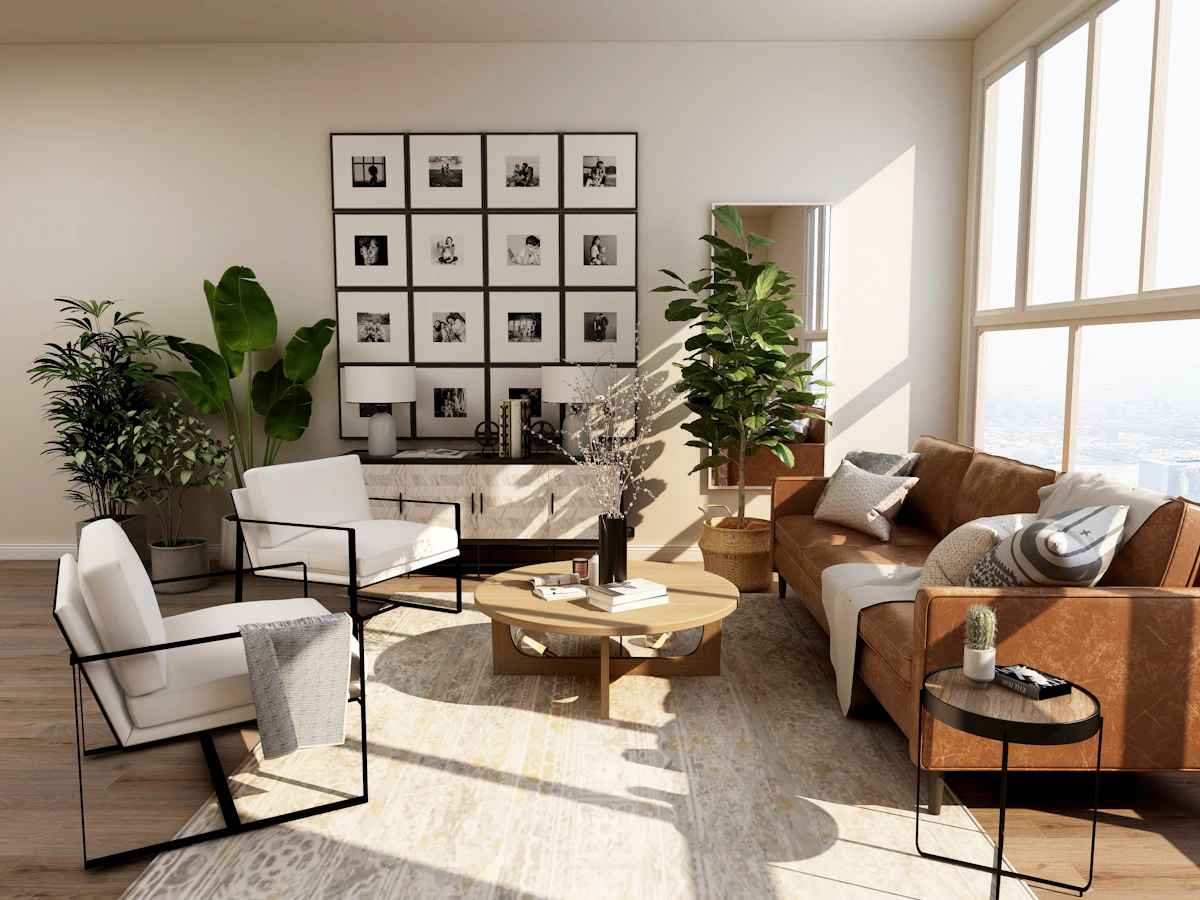Interior de referencia con materiales cálidos, luz natural y espacios conectados.
